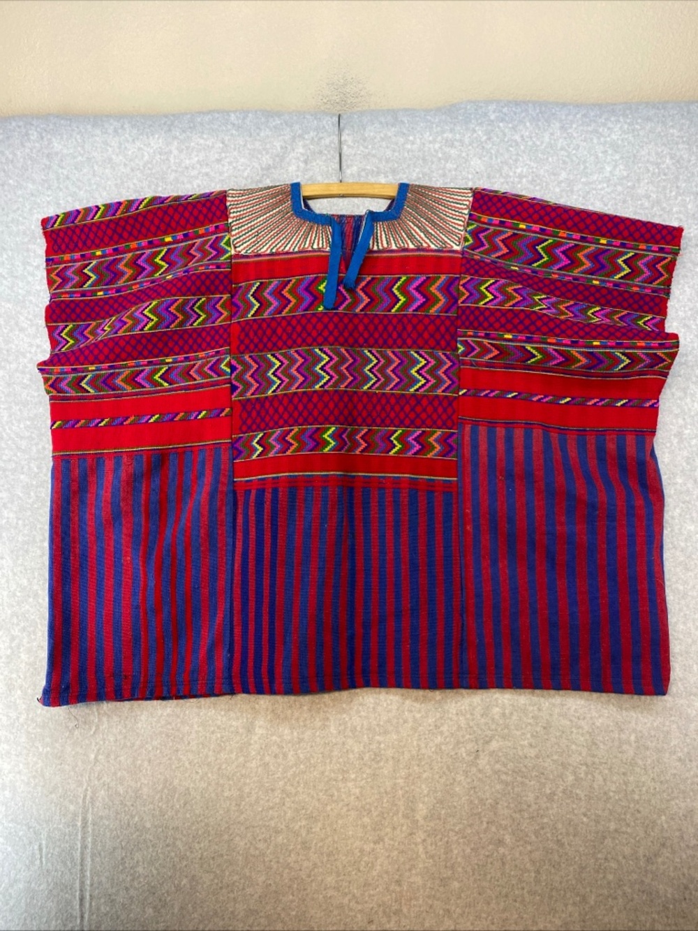 Vintage Guatemalan Huipil Poncho Top • Embroidered Handwoven • Red Blue